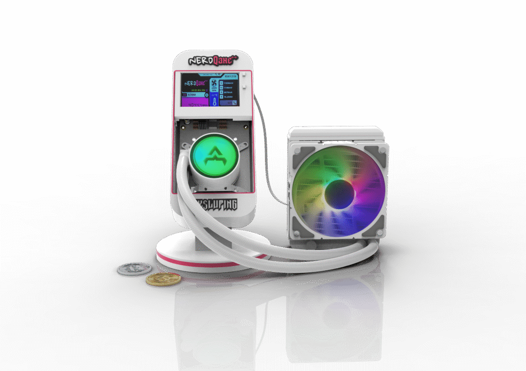 Bitaxe Nerdqaxe++ Hydro: White liquid CPU cooler featuring an LCD display, vibrant RGB fans, and a cryptocurrency coin accent