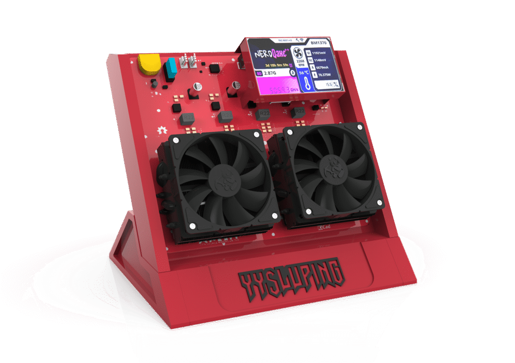 Bitaxe NerdOctaxe: Red tech gadget with dual cooling fans and digital display