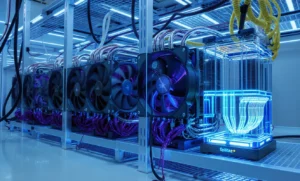 High-tech cryptocurrency mining rig with powerful fans, intricate cooling system, and blue LED lighting. The Xplica+ logo is visible on the base of the rig.