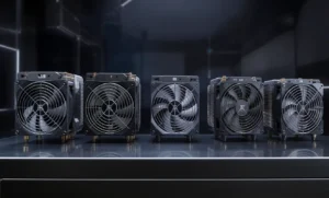 Five black server cooling fans of varying sizes lined up on a reflective black surface against a dark, high-tech background. Gold accents add a touch of elegance to the industrial design.