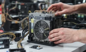 Hands assemble a cryptocurrency mining rig on a workbench, showcasing the intricate components and cooling system of a Bitcoin miner.