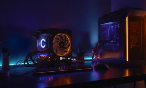 A futuristic Bitcoin mining setup with a CPU cooler glowing orange and blue, a keyboard with RGB lighting, and a PC case displaying code. A modern take on solo mining in 2025.