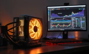 Close-up of a CPU cooler with orange-lit fan next to a computer monitor displaying stock market charts. Red-lit keyboard visible on the desk.
