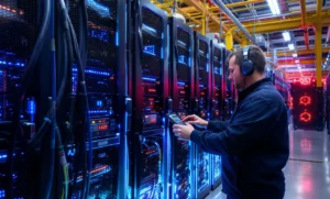Technician in a data center wearing headphones and using a tablet to monitor server racks with blinking lights. Blue and red lights illuminate the server room.