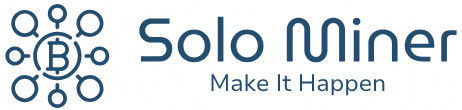 Solo Miner logo. A stylized Bitcoin symbol surrounded by nodes, next to the text "Solo Miner" and the tagline "Make It Happen.