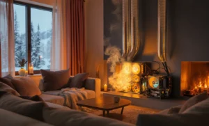 Cozy winter scene with a modern fireplace alternative: high-powered computer components generating heat beside a traditional hearth. Snowy mountains visible through the window, warm lighting, and a comfortable couch enhance the ambiance.