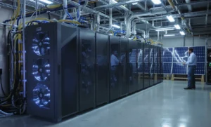 Data center with rows of server racks, illuminated by blue lights. A technician stands near a solar panel array, highlighting the facility's focus on renewable energy and sustainable data solutions.