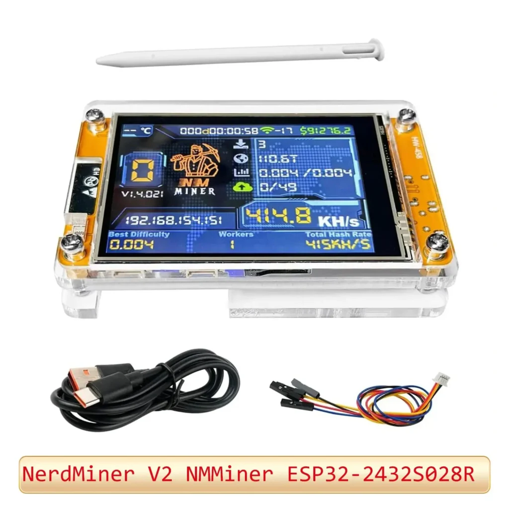 NerdMiner V2 NMMiner ESP32-2432S028R: compact DIY Bitcoin mining device with screen showing stats, plus USB cable & connector wires.