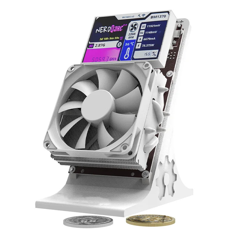 Bitaxe NerdQaxe++ 4.8TH/s BTC Solo miner: white & grey, display showing stats, large cooling fan, two Bitcoin coins in front