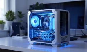 Sleek, modern custom PC build with a white case and vibrant blue LED lighting illuminating the internal components, including cooling system and fan. The PC sits on a white desk with a monitor and plants in the background.