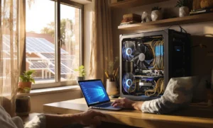 Desk setup with high-end gaming PC, laptop showing Windows OS, and a view of solar panels outside the window. Natural light fills the room, highlighting the PC's cooling fans and cable management.