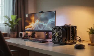 A Bitcoin miner sits on a tidy desk next to a monitor displaying a Bitcoin-themed background. The workspace is modern, with plants and speakers, suggesting a focus on home crypto mining.