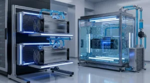High-tech server room showcasing advanced cooling solutions: air-cooled servers with blue LED accents and a liquid-cooled server submerged in a transparent tank with bubbling coolant.