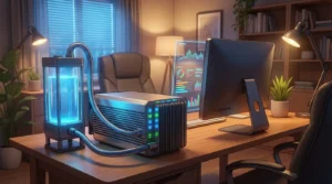 High-tech workstation with a liquid-cooled computer system, monitor displaying financial charts, and ergonomic office setup. Modern tech meets comfort in this home office.