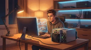 A young man in a hoodie intently monitors a computer screen displaying stock charts, with Bitcoin mining rigs humming beside him in a warmly lit room.