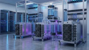 Data center with liquid cooling system, servers submerged in water, blue lighting. Modern technology for efficient heat dissipation in high-performance computing environments.
