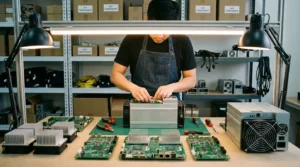 Technician repairs Bitcoin mining hardware, working under bright lights with circuit boards and components spread on a workbench. Shelves of parts behind him. Focus on crypto mining repair and maintenance.