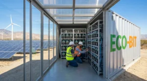 Two technicians in hard hats inspect Eco-Bit cryptocurrency mining equipment inside a container powered by a solar panel array and wind turbines in the background.
