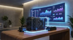 Modern cryptocurrency mining setup featuring water-cooled ASIC miners on a wooden table in a contemporary room. A large curved display shows crypto market data with blue and purple charts.